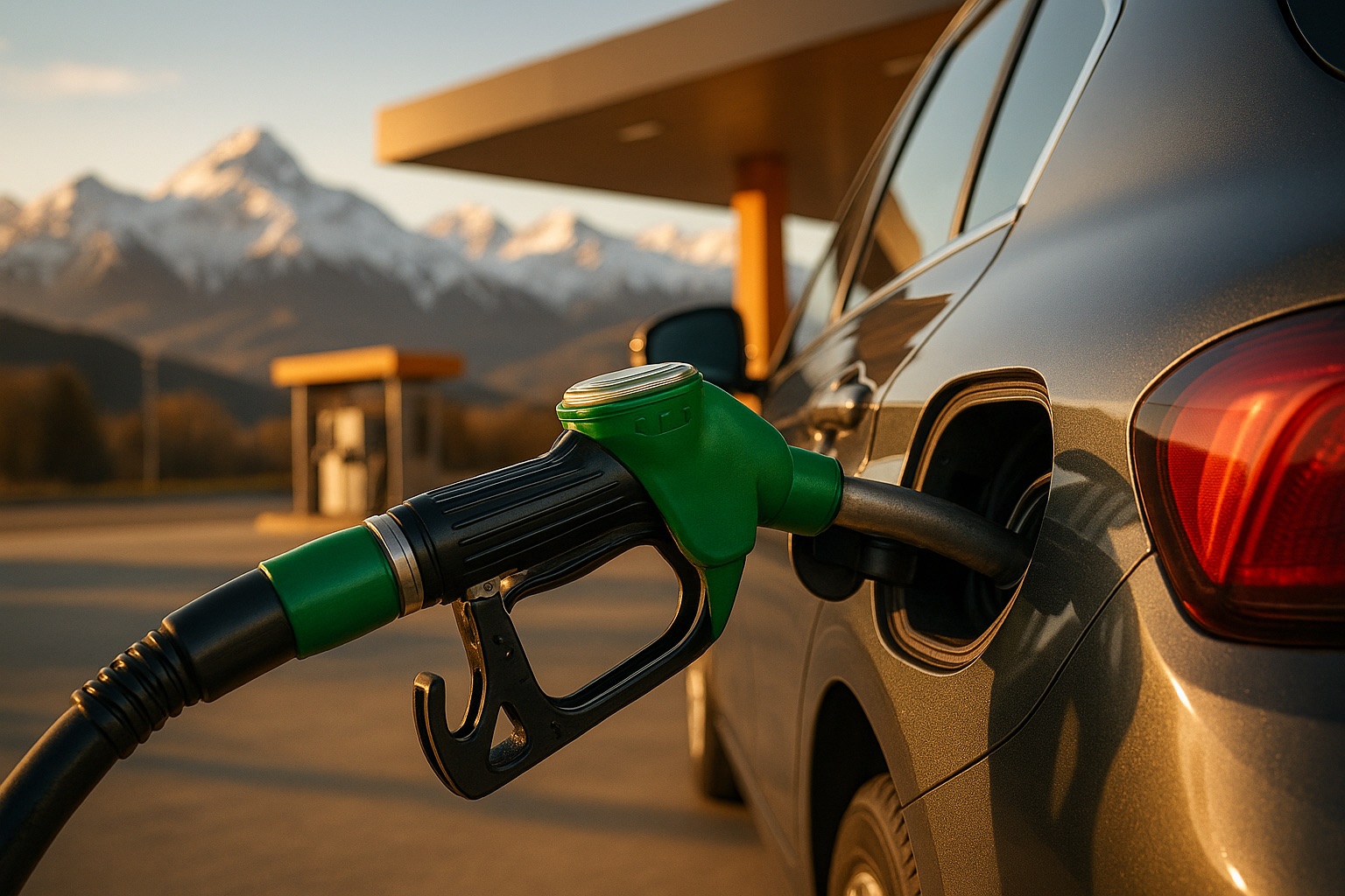 Pompe à essence diesel dans une station-service de montagne, Pyrénées